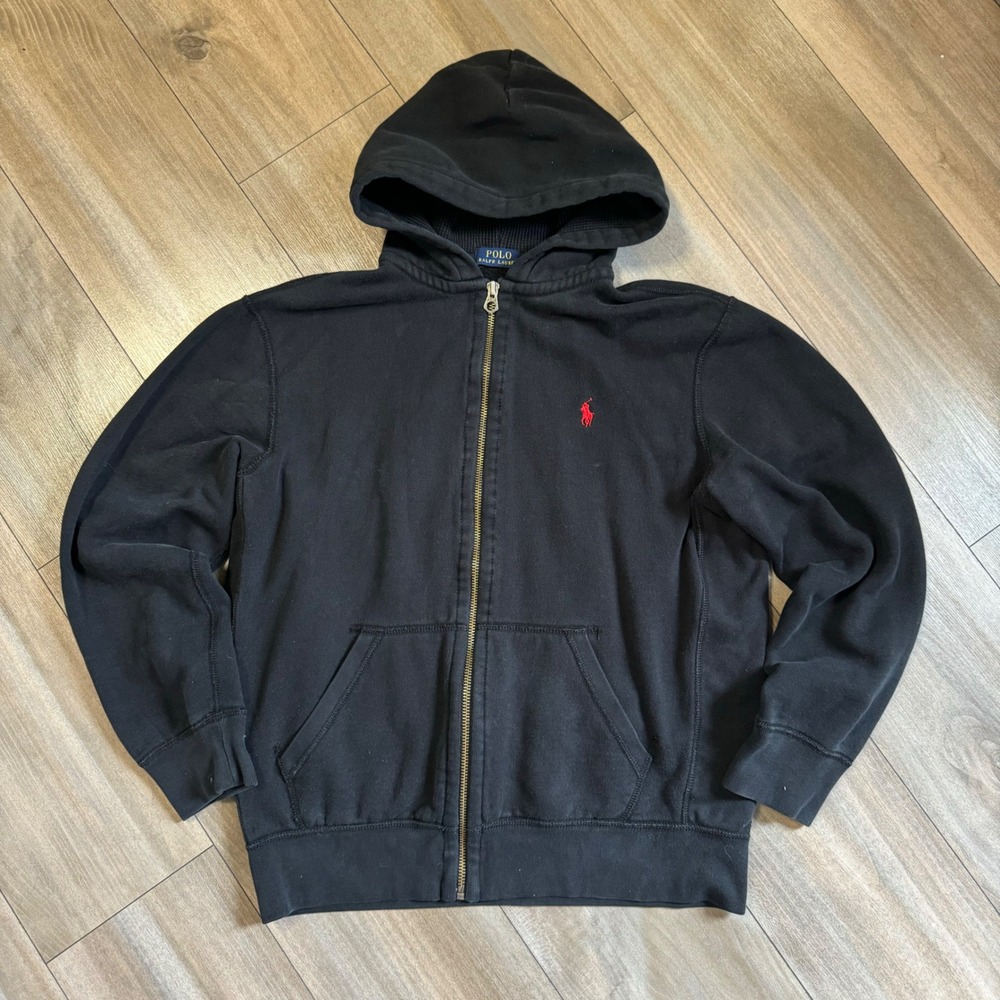 Polo Ralph Lauren Mens Black Full Zip Hoodie Red Pony Logo Waffle Lined Large